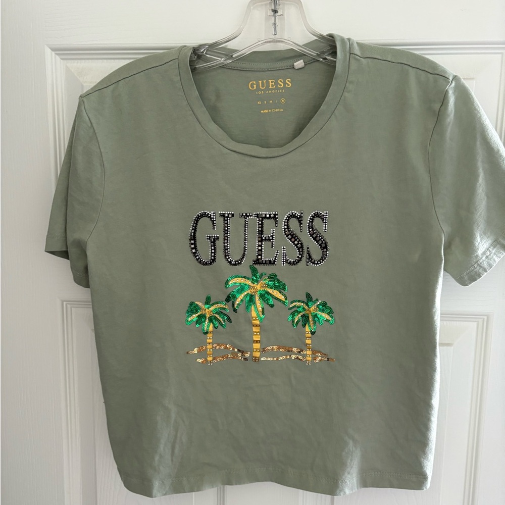 GUESS Olive Green Sequin Palm SZ XL Tee